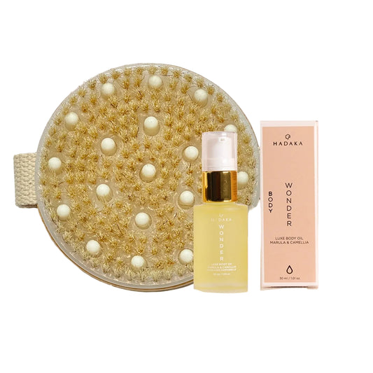 HADAKA MASSĀJI CELLULITE AND DETOX BRUSH & WONDER LUXE MARULA BODY OIL.