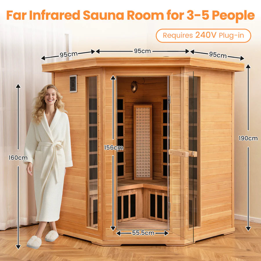COSTWAY 3D Heat Far Infrared Corner Sauna (3–5 Person) – Canadian Hemlock Wood-Red Light Therapy+Near Infrared-Carbon & Mica Heaters,-Chromotherapy Lighting-Low EMF-Bluetooth Speakers
