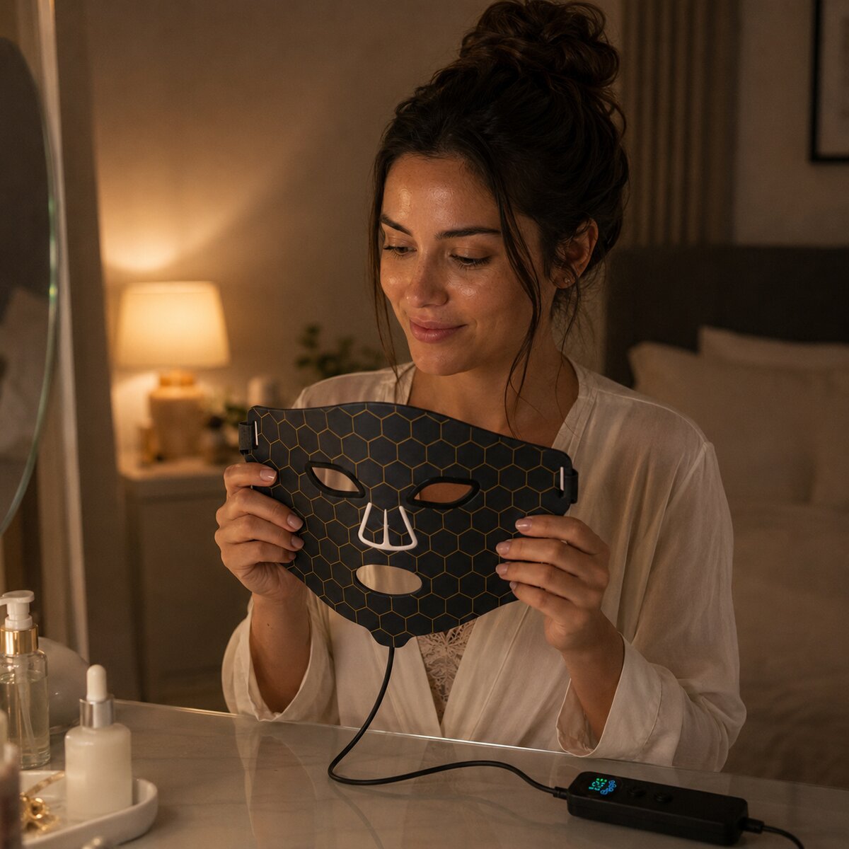 Woman using the LED FLEX Mask at her vanity