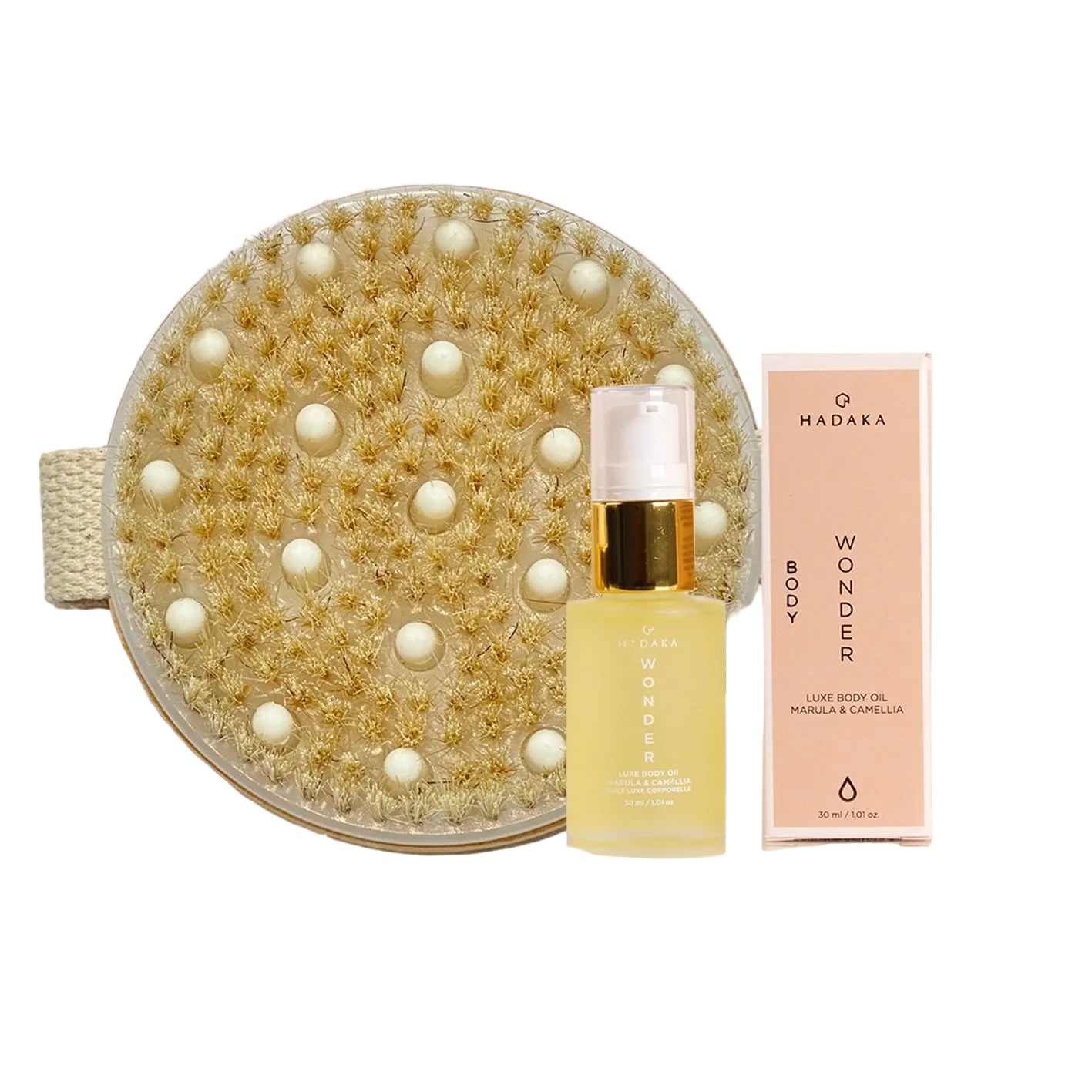 HADAKA MASSĀJI CELLULITE AND DETOX BRUSH & WONDER LUXE MARULA BODY OIL.
