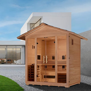 Preorder - *GDI "Gargellen" 5 Person Hybrid Outdoor Sauna (PureTech™ Full Spectrum IR or Traditional Stove) - Canadian Hemlock- GDI-8125-01