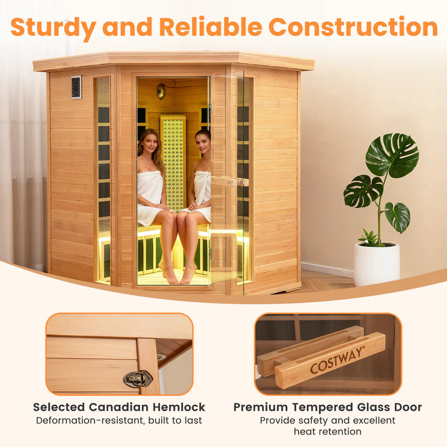 COSTWAY 3D Heat Far Infrared Corner Sauna (3–5 Person) – Canadian Hemlock Wood-Red Light Therapy+Near Infrared-Carbon & Mica Heaters,-Chromotherapy Lighting-Low EMF-Bluetooth Speakers