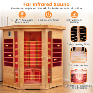 COSTWAY 3D Heat Far Infrared Corner Sauna (3–5 Person) – Canadian Hemlock Wood-Red Light Therapy+Near Infrared-Carbon & Mica Heaters,-Chromotherapy Lighting-Low EMF-Bluetooth Speakers