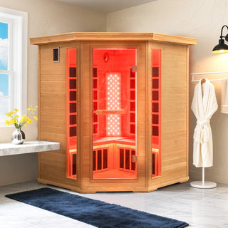 COSTWAY 3D Heat Far Infrared Corner Sauna (3–5 Person) – Canadian Hemlock Wood-Red Light Therapy+Near Infrared-Carbon & Mica Heaters,-Chromotherapy Lighting-Low EMF-Bluetooth Speakers