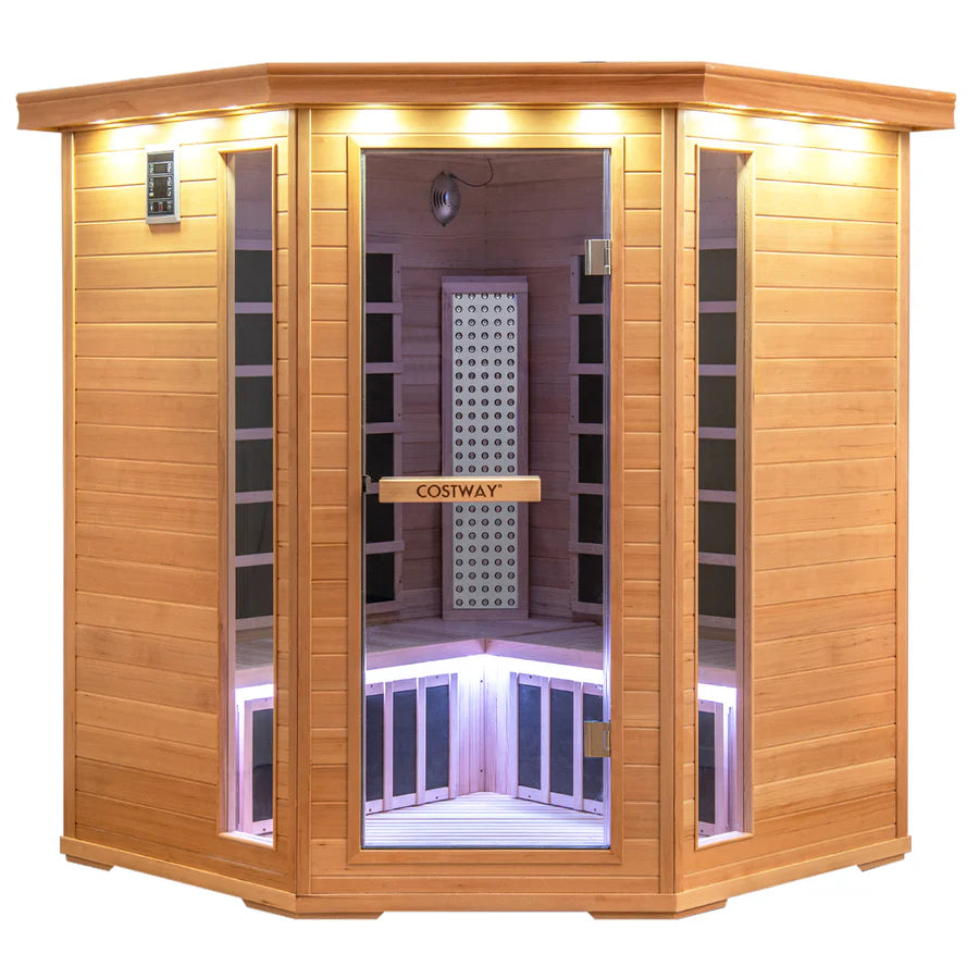 COSTWAY 3D Heat Far Infrared Corner Sauna (3–5 Person) – Canadian Hemlock Wood-Red Light Therapy+Near Infrared-Carbon & Mica Heaters,-Chromotherapy Lighting-Low EMF-Bluetooth Speakers