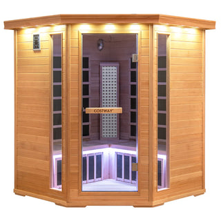 COSTWAY 3D Heat Far Infrared Corner Sauna (3–5 Person) – Canadian Hemlock Wood-Red Light Therapy+Near Infrared-Carbon & Mica Heaters,-Chromotherapy Lighting-Low EMF-Bluetooth Speakers