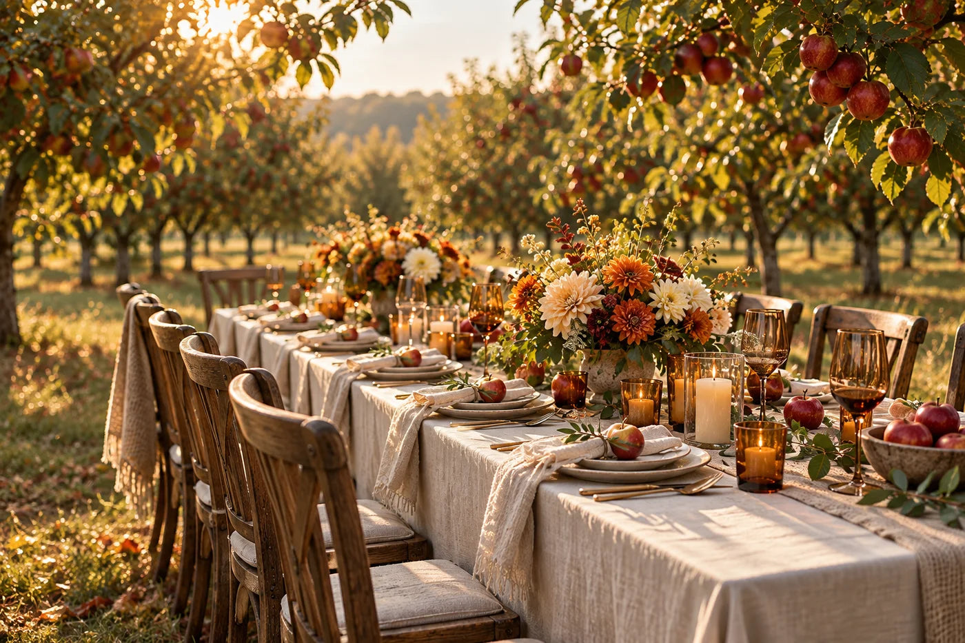 Harvest lunch table set between rows of apple trees
