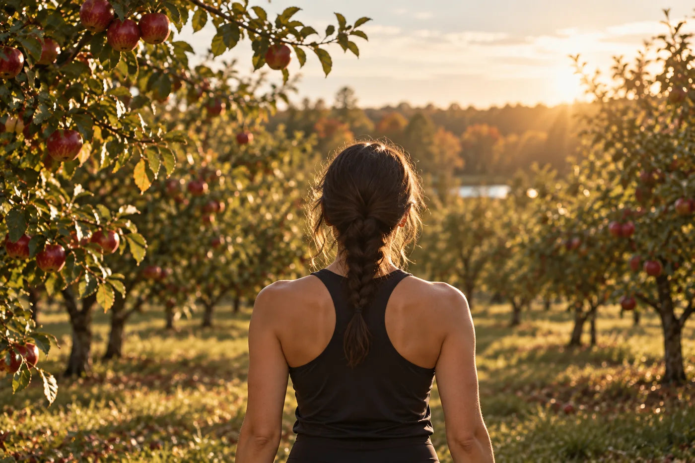 Woman pausing for movement in an autumn apple orchard