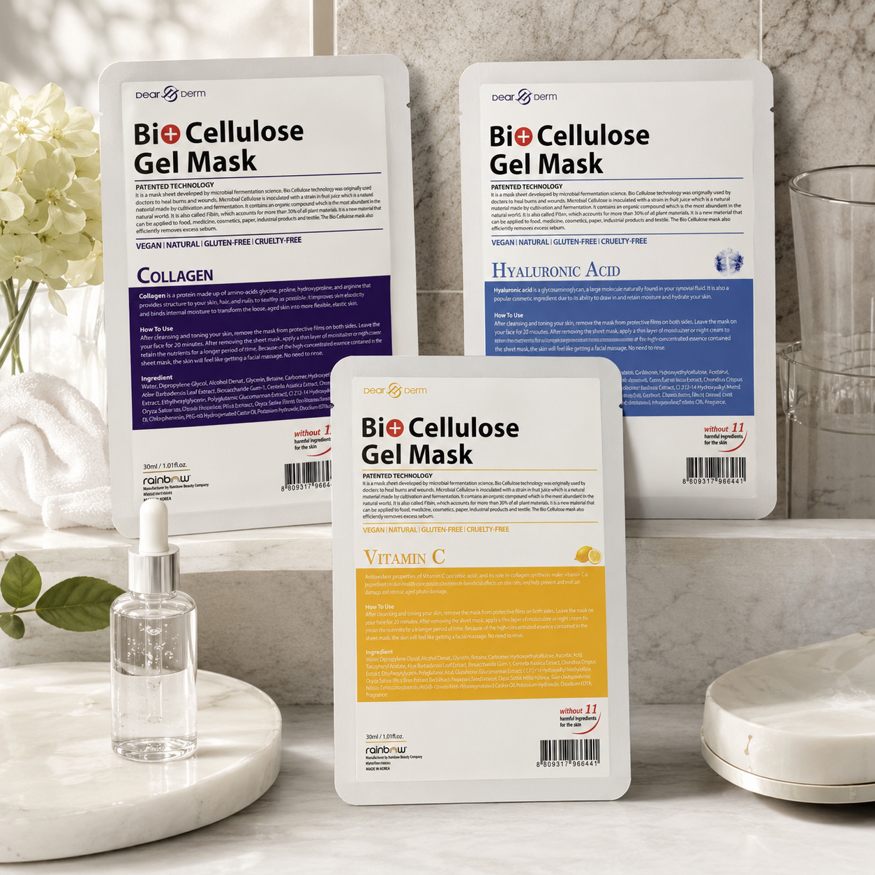 Dear Derm - Bio Cellulose Gel Mask - Sheet Mask Trio (Vitamin C + Collagen + Hyaluronic Acid)
