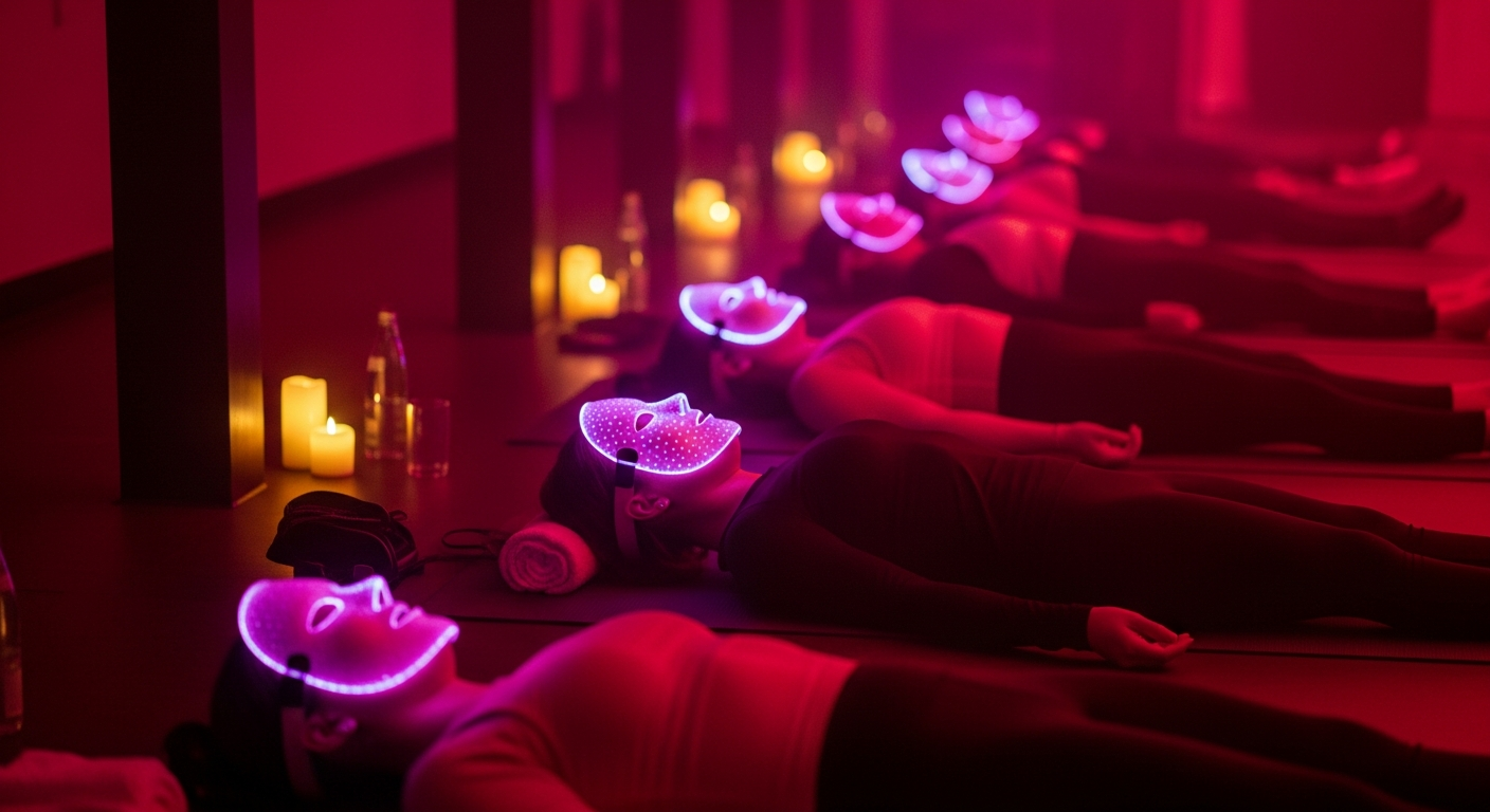 Guests relaxing under red light during a Wellness Route session.