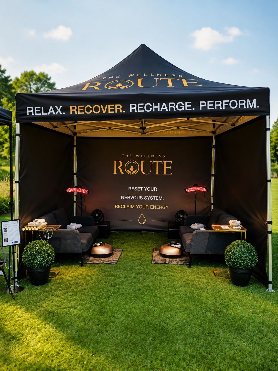 The Wellness Route golf tournament lounge set up on the course.