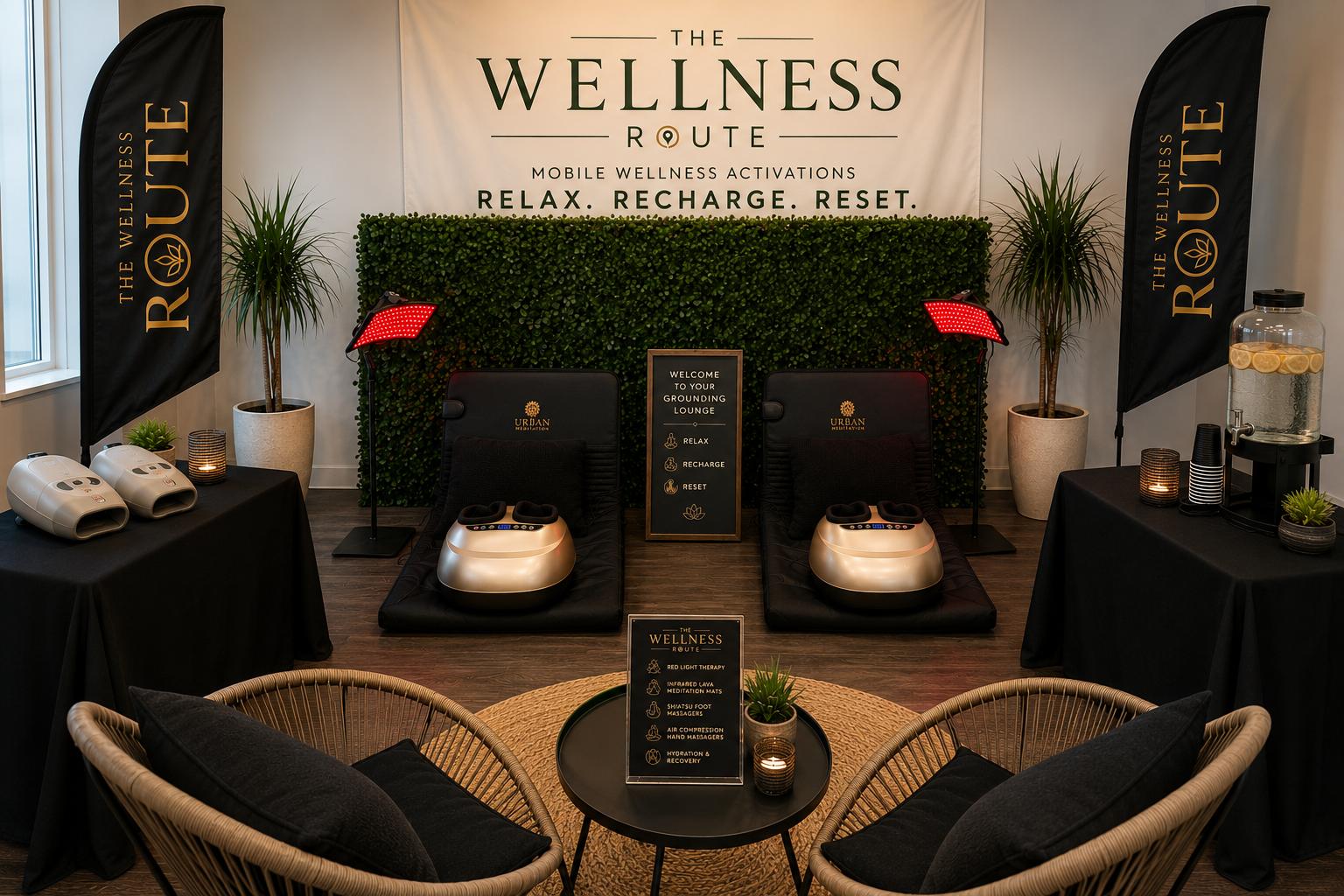 A Wellness Route event setup with recovery stations, signage, and lounge seating.