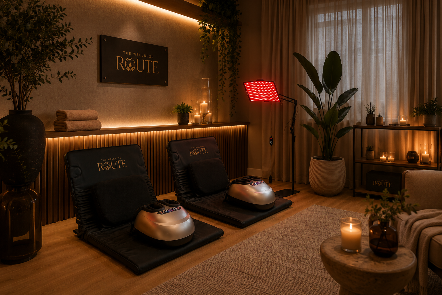 The Wellness Route Grounding Lounge with red light and recovery stations.