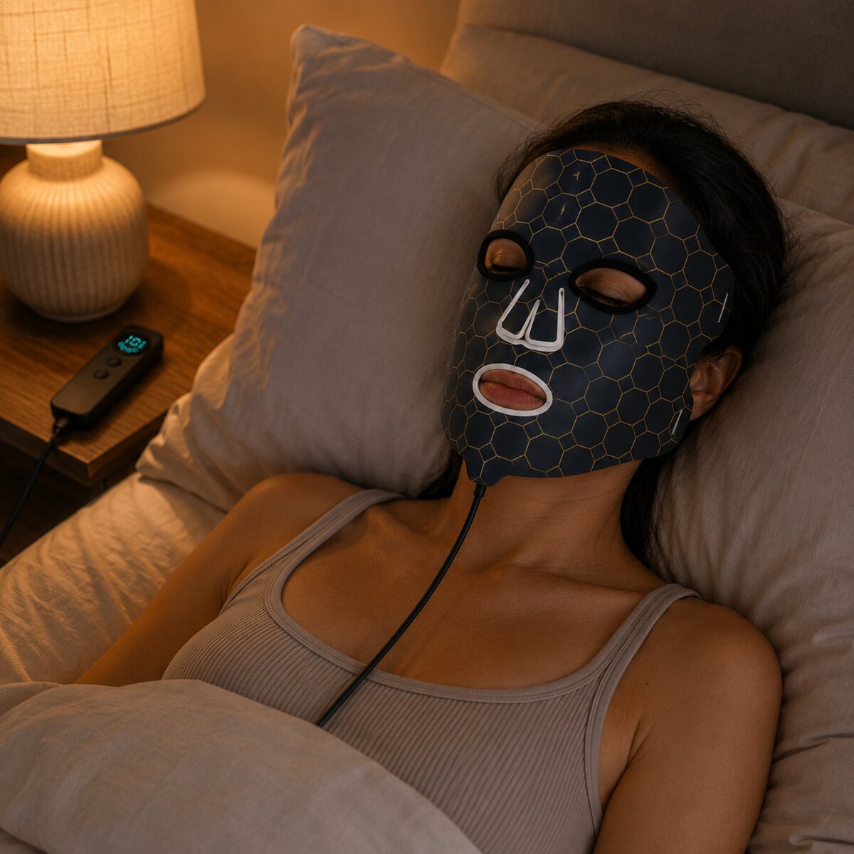 Woman relaxing in bed during her LED FLEX Mask ritual