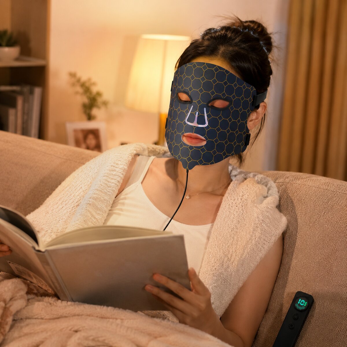 Woman relaxing on the couch with her LED FLEX Mask