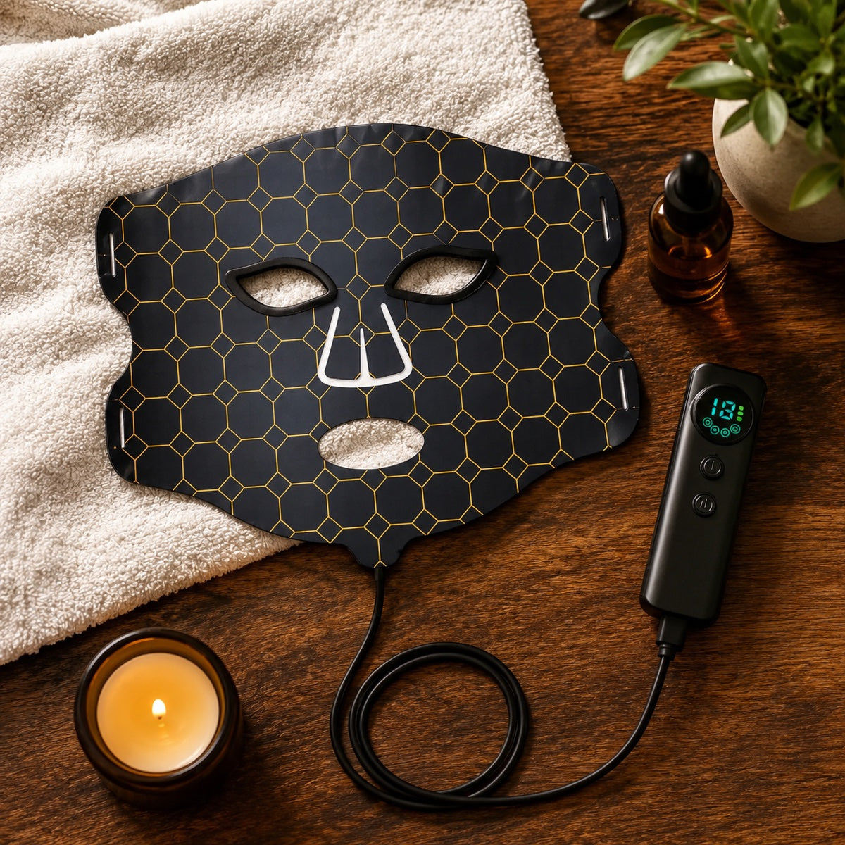 LED FLEX Mask and controller arranged with a towel and candle for an at-home ritual