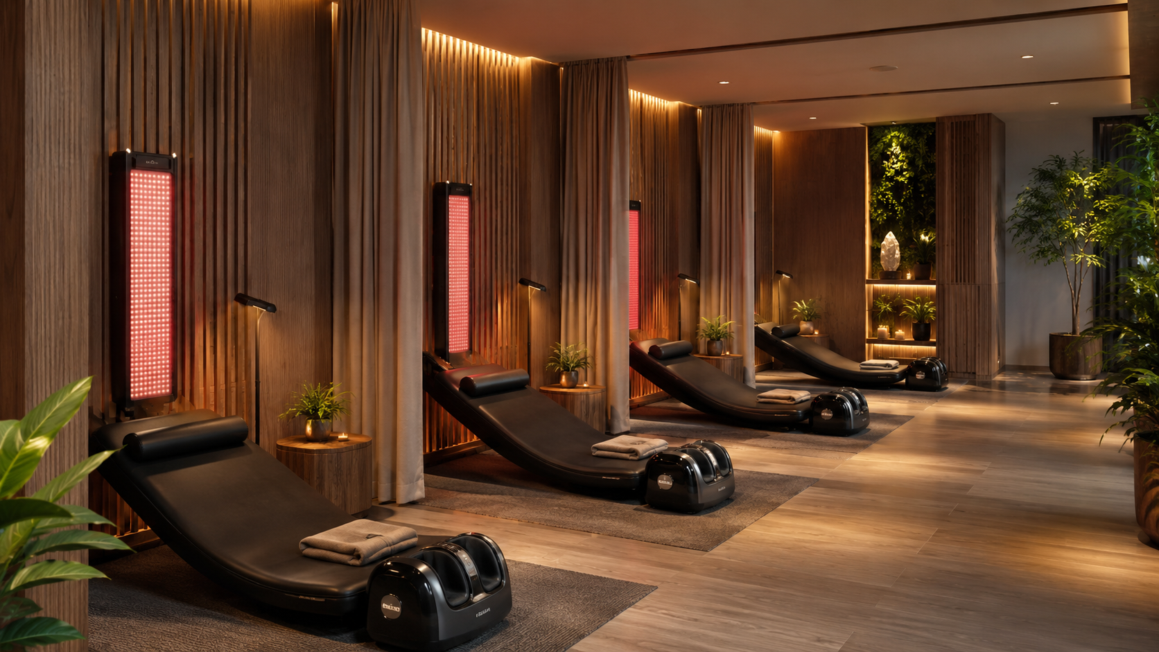 A custom wellness room with premium styling and calming recovery details.