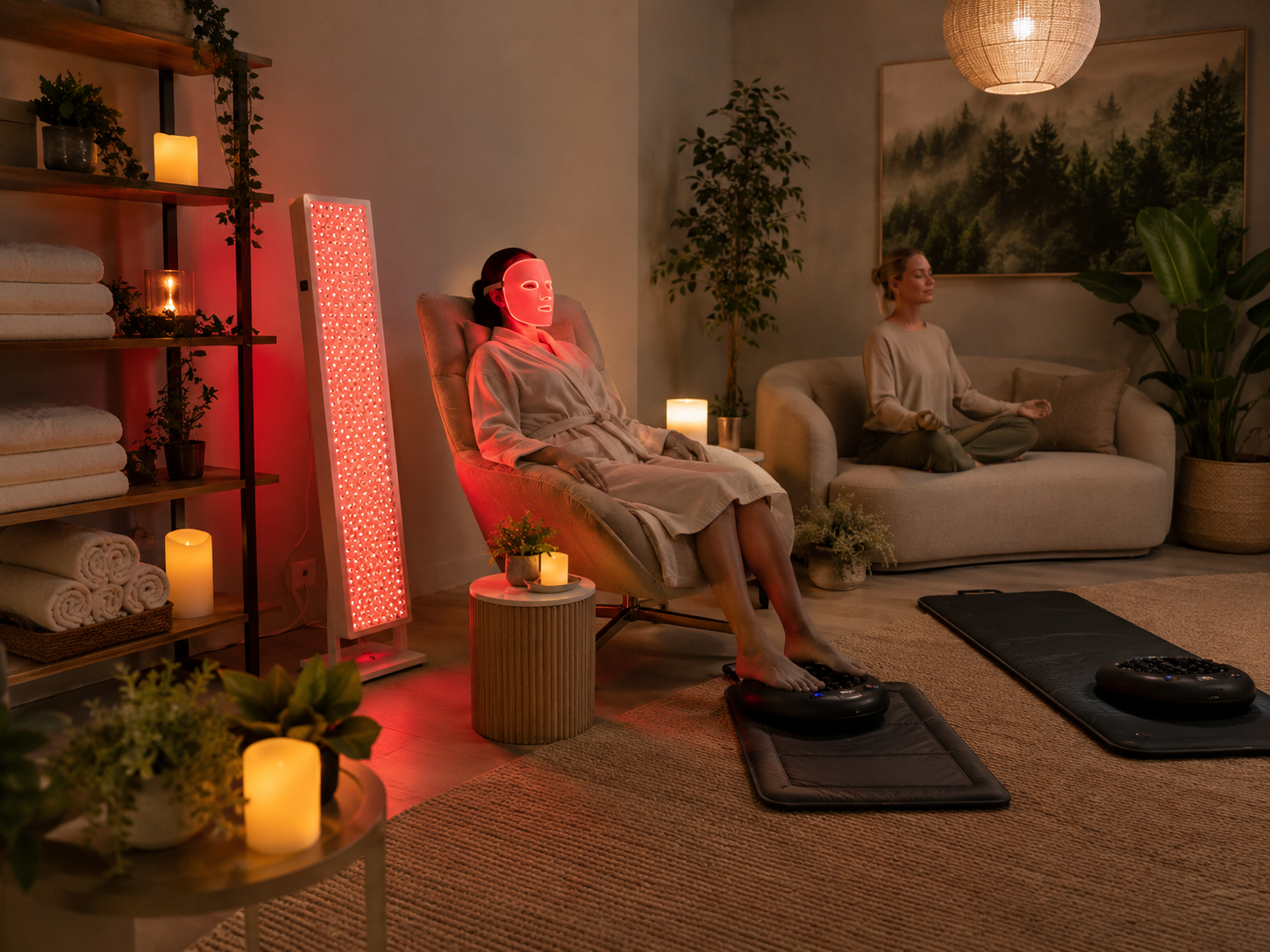 A Workplace Wellness Route setup with calming lighting and team-friendly recovery stations.