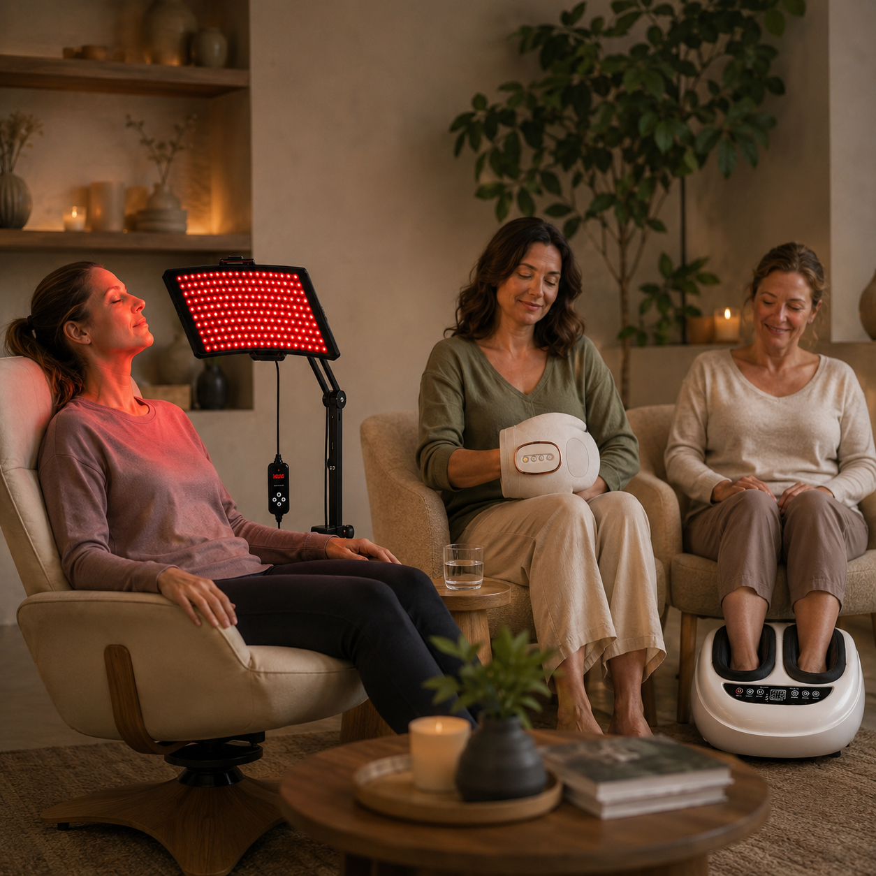 Guests using hand and foot massagers in a recovery lounge.