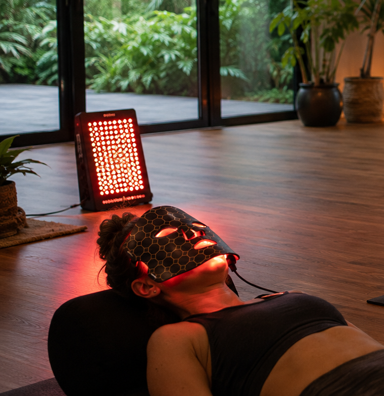 A guest lying back with a red light therapy mask and panel.