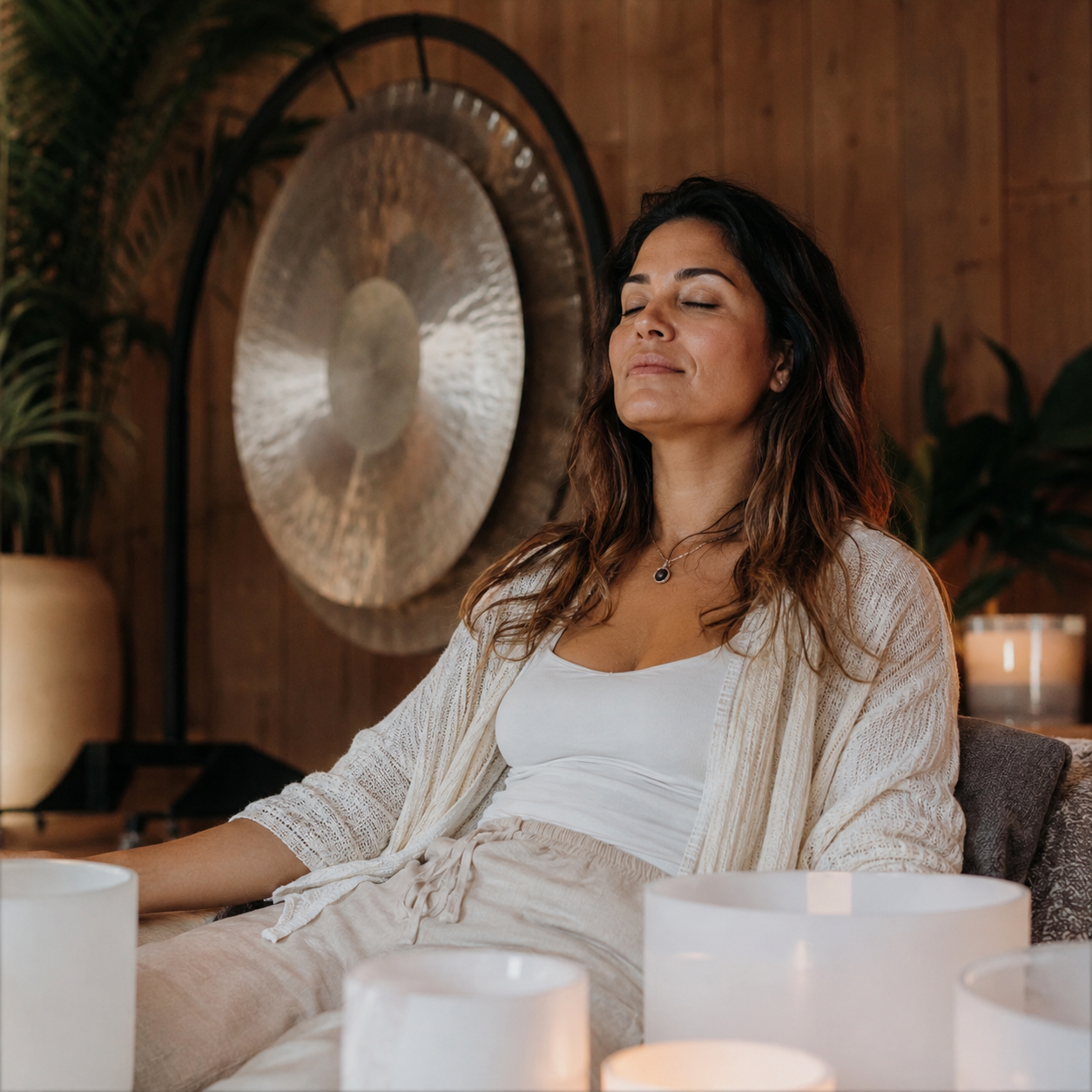 A guest relaxing during a sound healing moment.