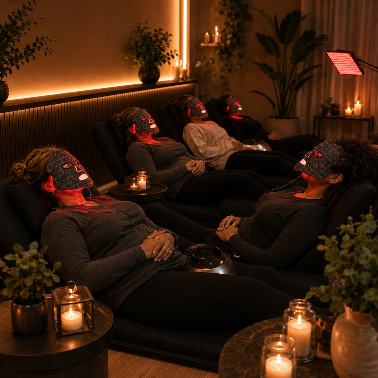 Guests relaxing in The Mom Reset Lounge under red light therapy.